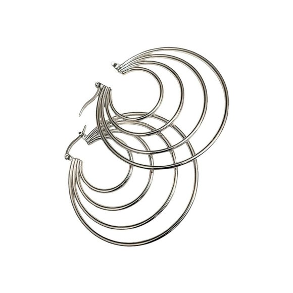 Women's/Teen Silver Tone Exaggerated 4 Hoop Earrings Bold Statement Gft Nightout - Picture 3 of 5